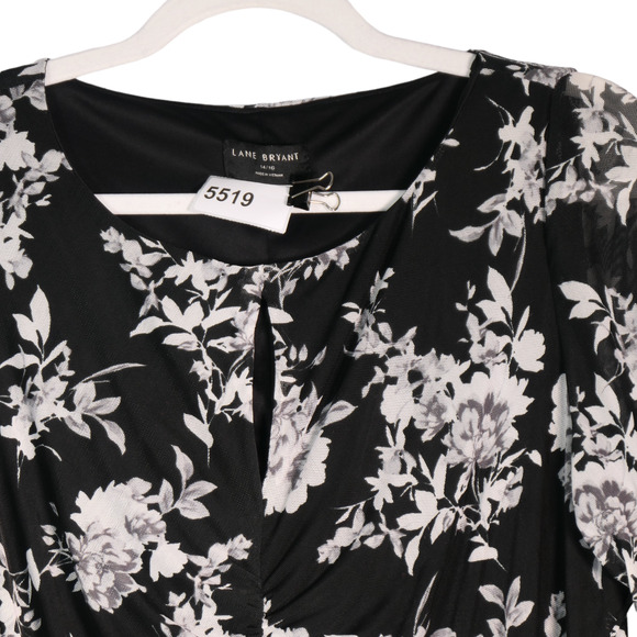 Lane Bryant Blouse Women Size 14 16 Black White Mesh Overlay Ruched Stretch Boho - Picture 3 of 7